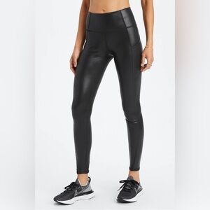 Fabletics Oasis PureLuxe High Waisted Legging Shiny Black Pockets Womens Small